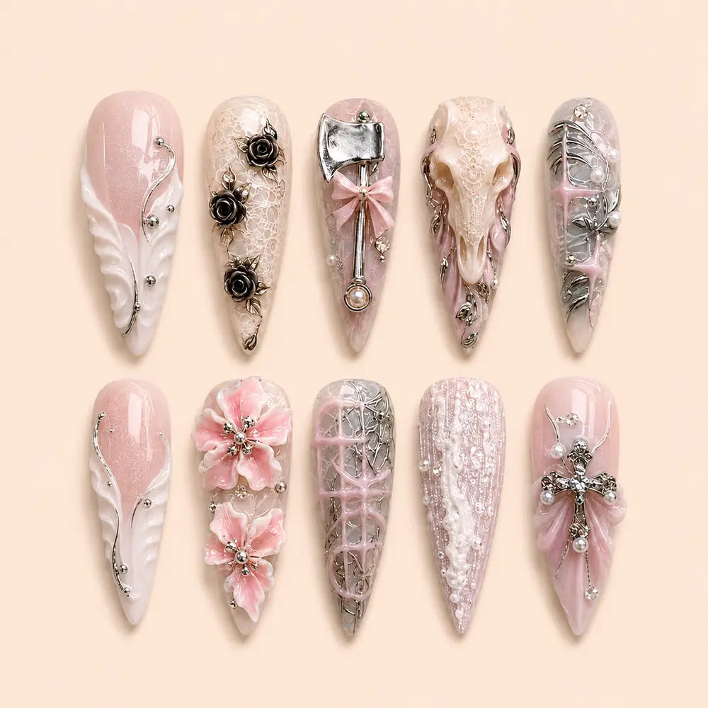 Ornate Pink Cross and Rose 3D Press On Nails — image 1