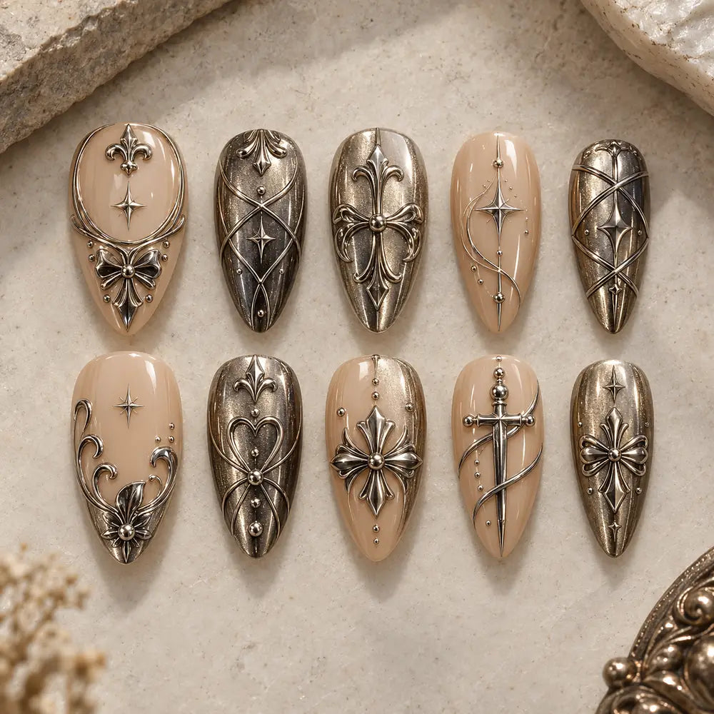 Ornate Silver Cross 3D Press On Nails — image 2