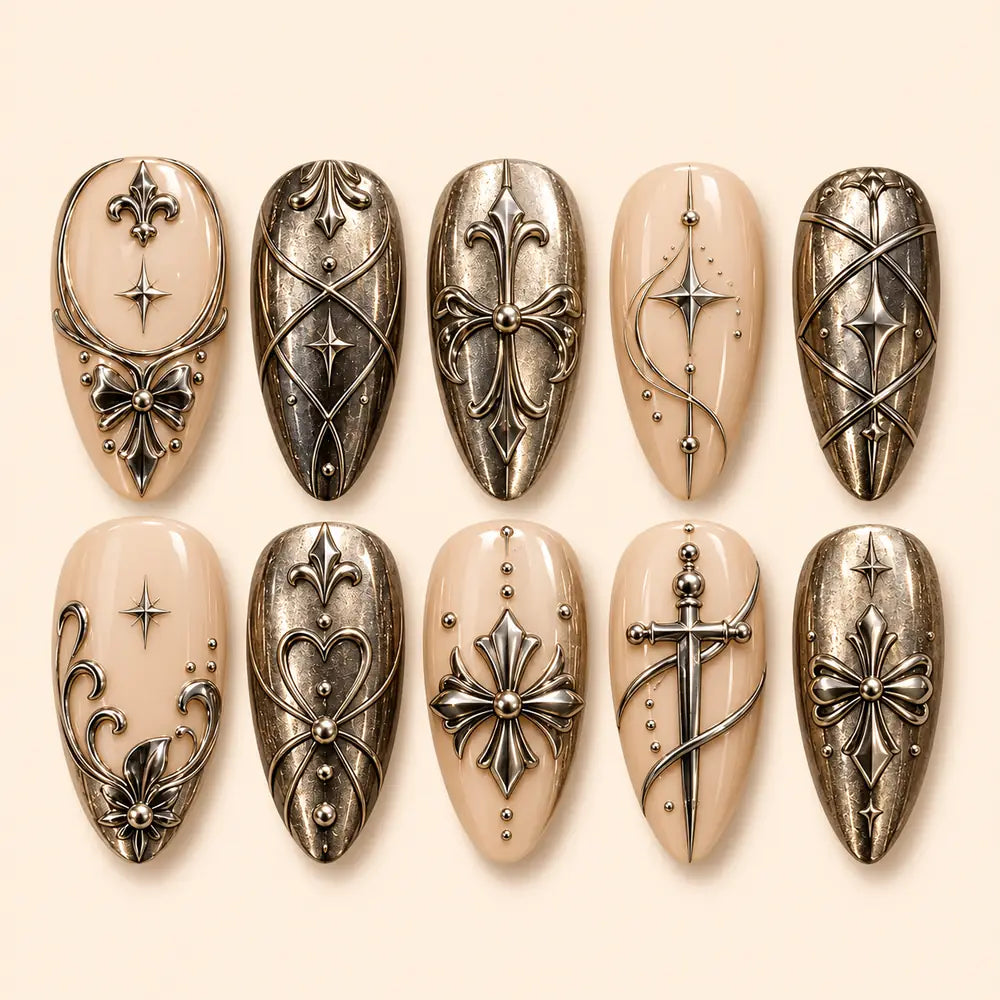 Ornate Silver Cross 3D Press On Nails — image 1