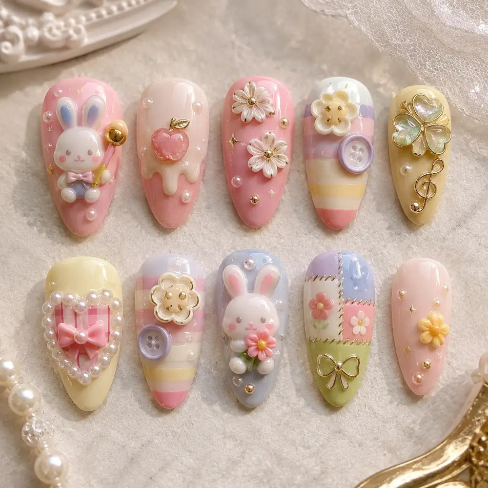 Pastel Bunny Garden 3D Press On Nails — image 2