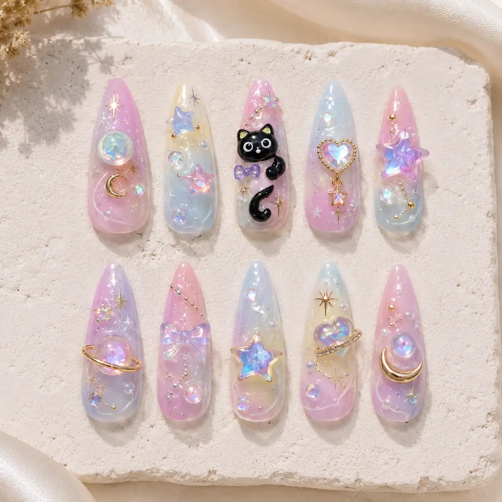 Pastel Celestial Black Cat 3D Press On Nails — image 2