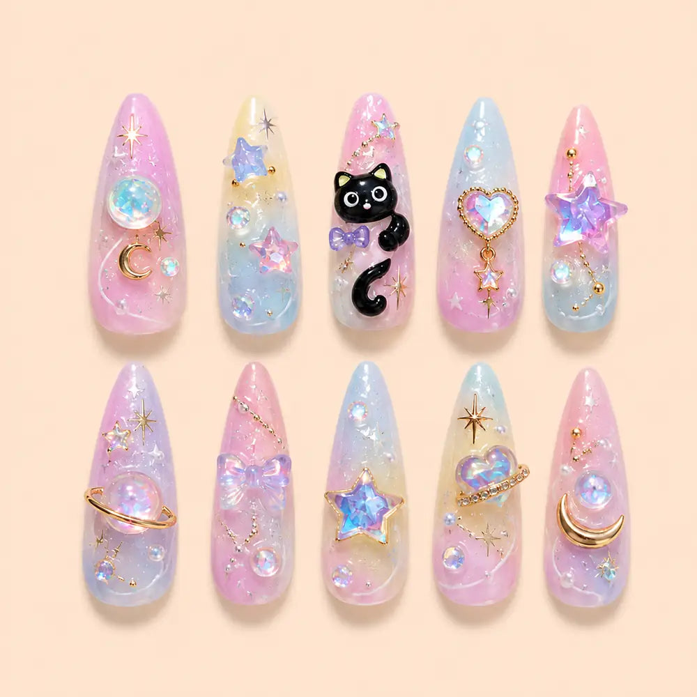 Pastel Celestial Black Cat 3D Press On Nails — image 1