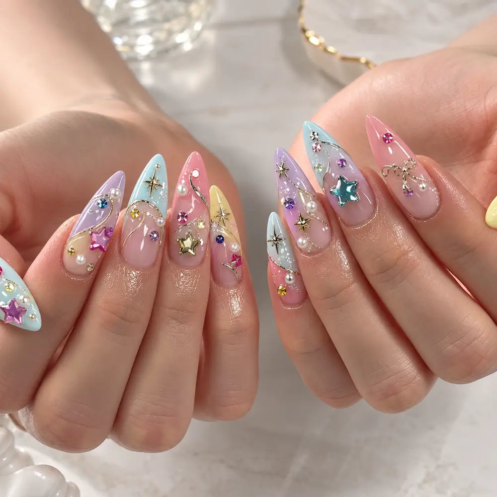 Pastel Celestial Star Charm Stiletto Press On Nails — image 2
