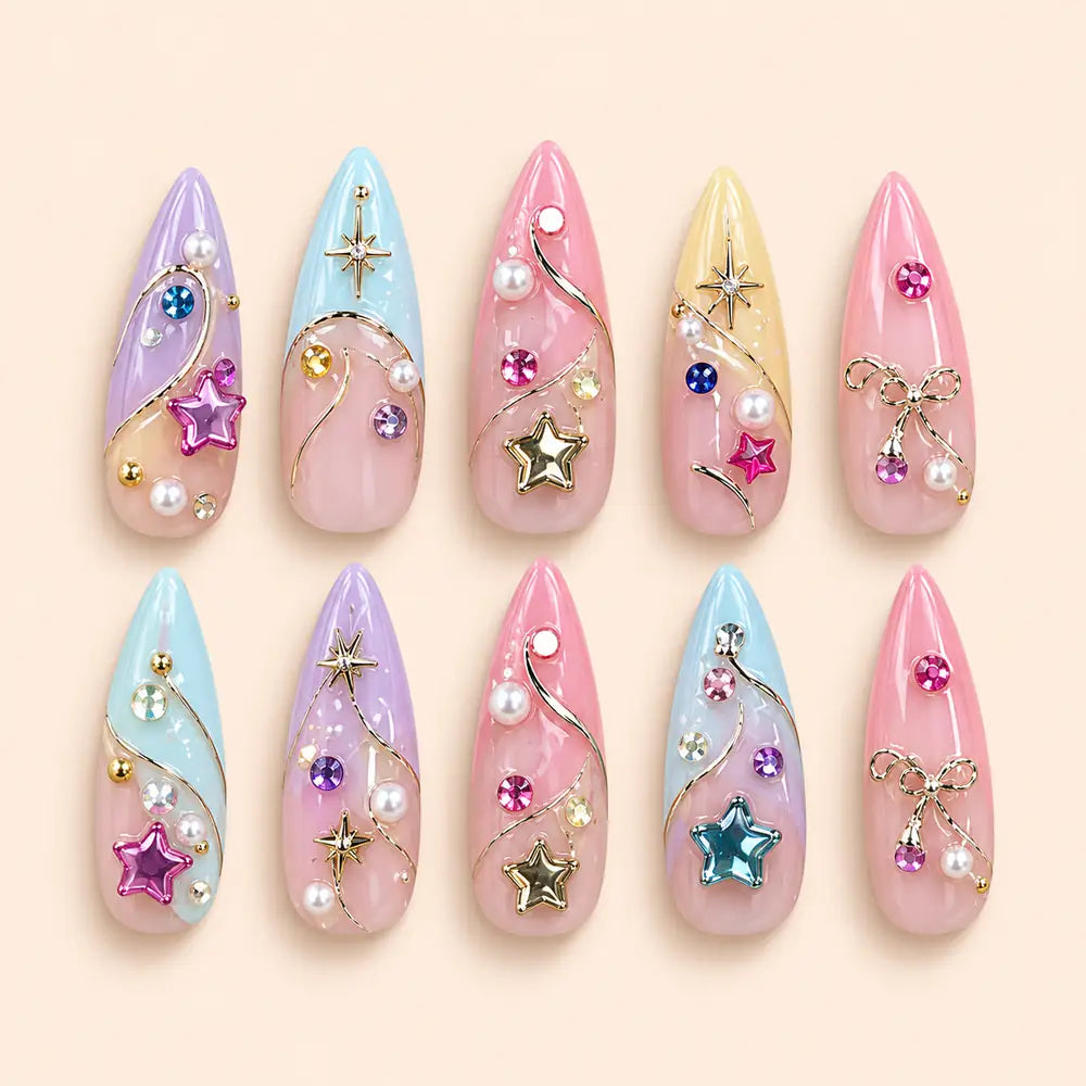 Pastel Celestial Star Charm Stiletto Press On Nails — image 1