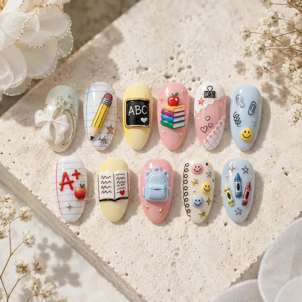 Pastel Classroom Charms 3D Press On Nails — image 2