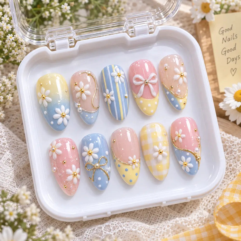 Pastel Daisy Bow 3D Press On Nails — image 2
