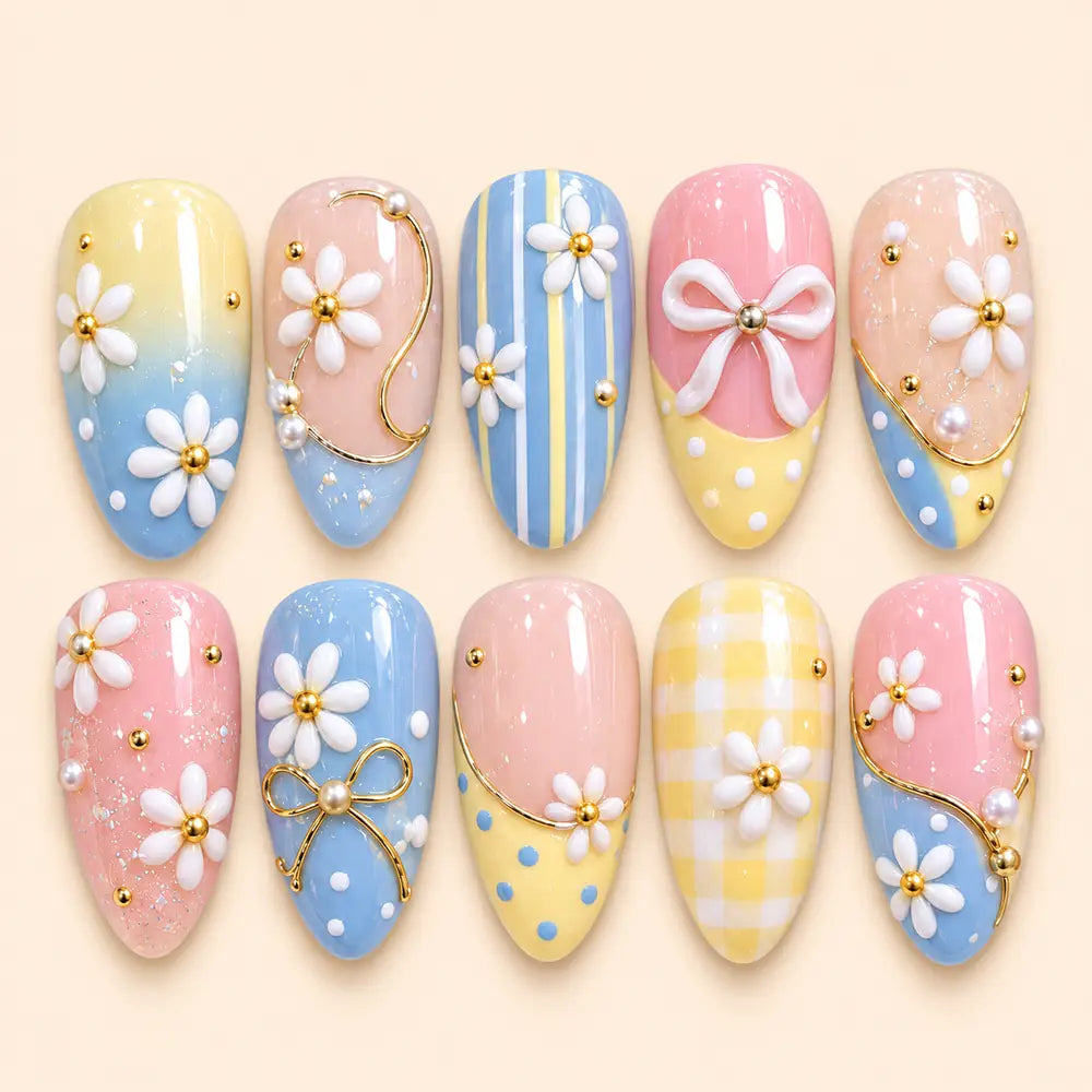 Pastel Daisy Bow 3D Press On Nails — image 1