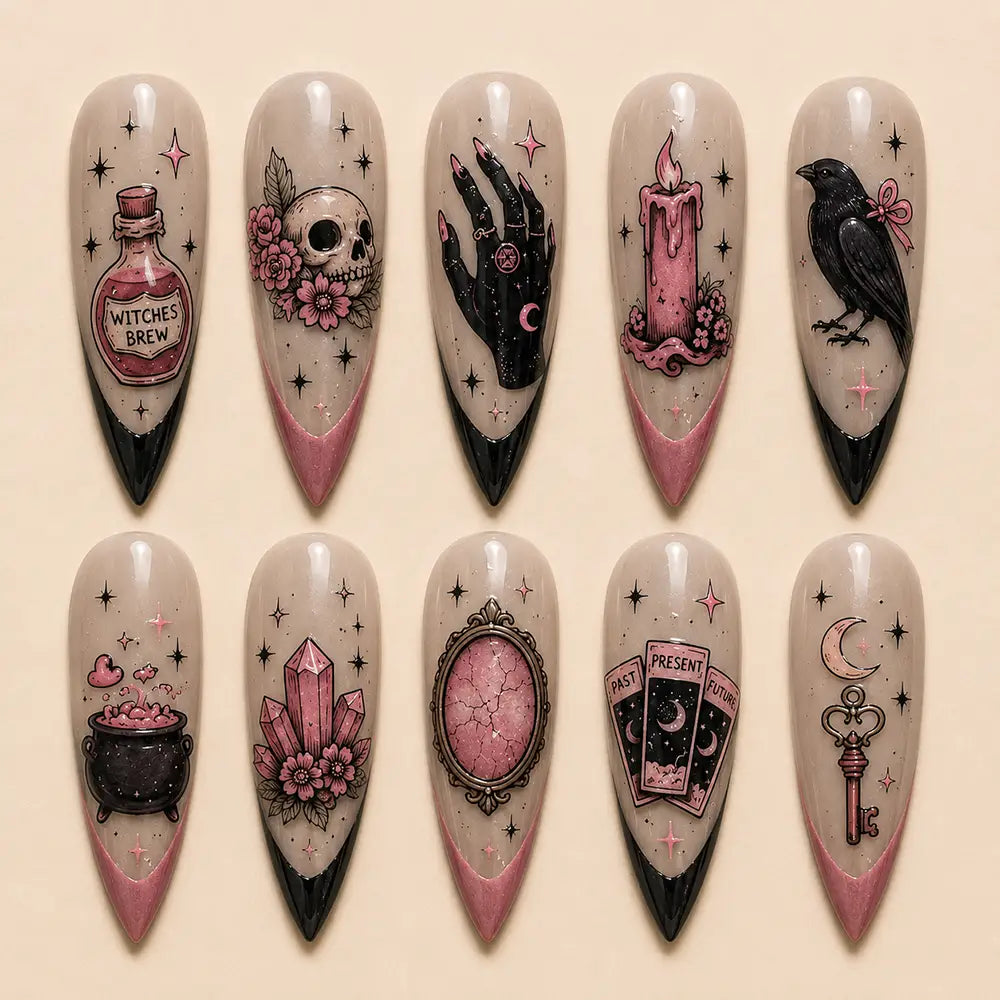 Pastel Gothic Halloween Witchcraft French Tip Press On Nails