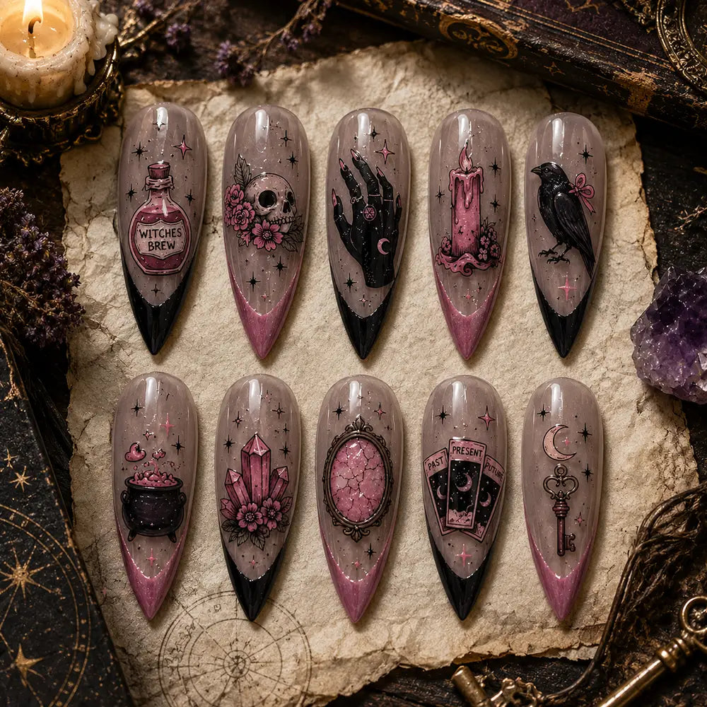 Pastel Gothic Halloween Witchcraft French Tip Press On Nails