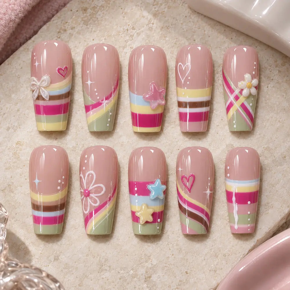 Pastel Heart Star & Daisy 3D Press On Nails — image 2