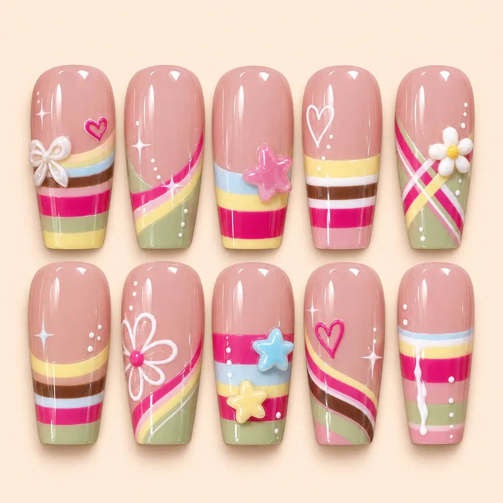 Pastel Heart Star & Daisy 3D Press On Nails — image 1