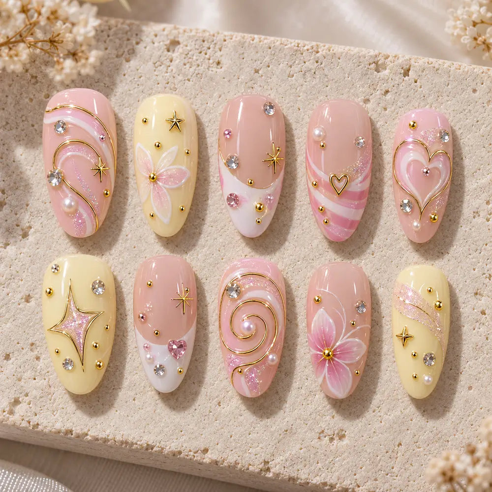 Pastel Hearts and Starbursts 3D Rhinestone Press On Nails — image 2