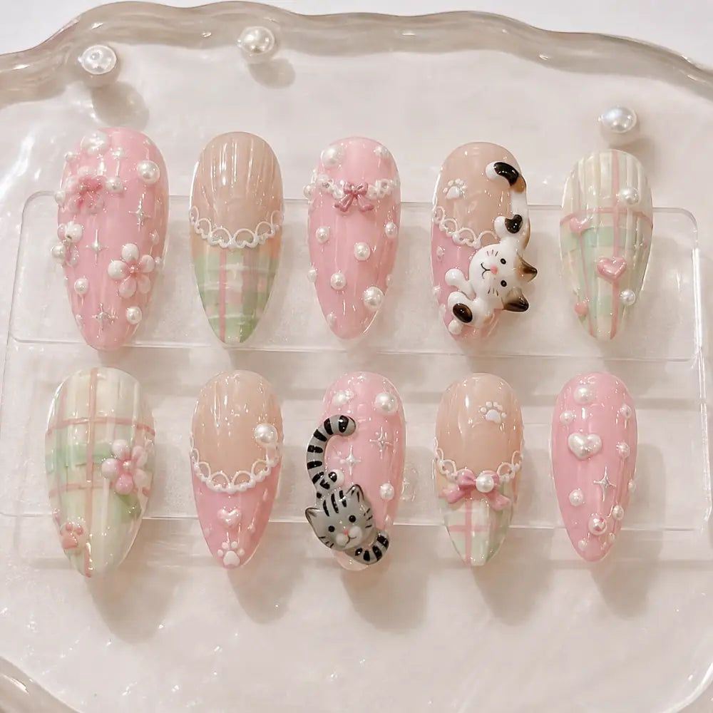 Pastel Plaid Cat 3D Press On Nails — image 2