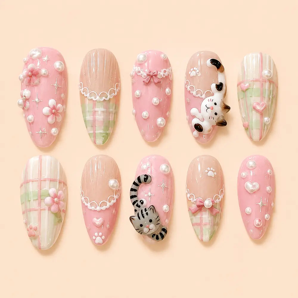 Pastel Plaid Cat 3D Press On Nails — image 1