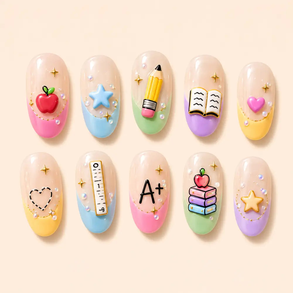 Pastel School Supplies 3D Press On Nails — image 1