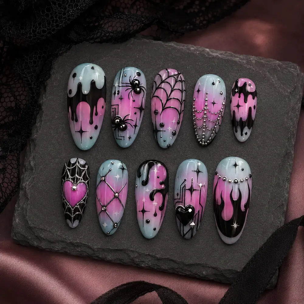 Pastel Spiderweb Drip 3D Press On Nails — image 2