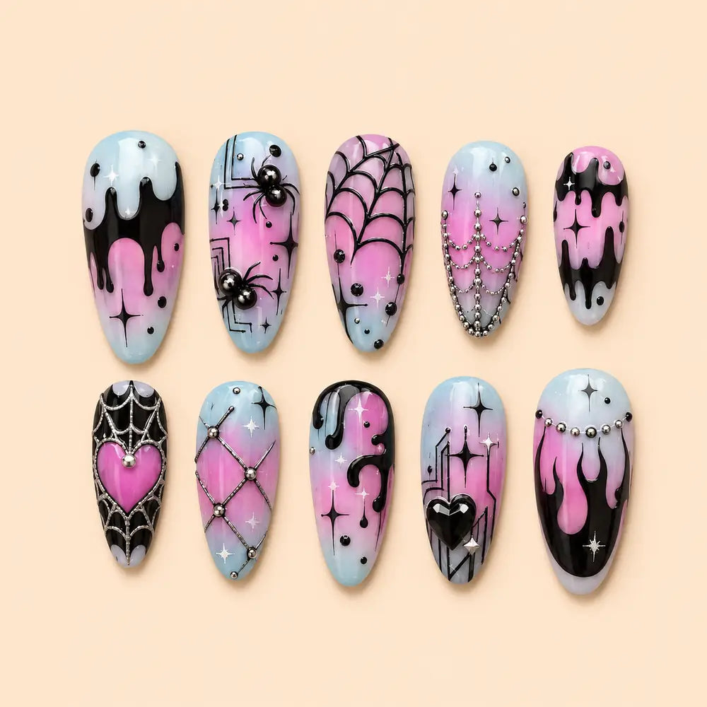 Pastel Spiderweb Drip 3D Press On Nails — image 1