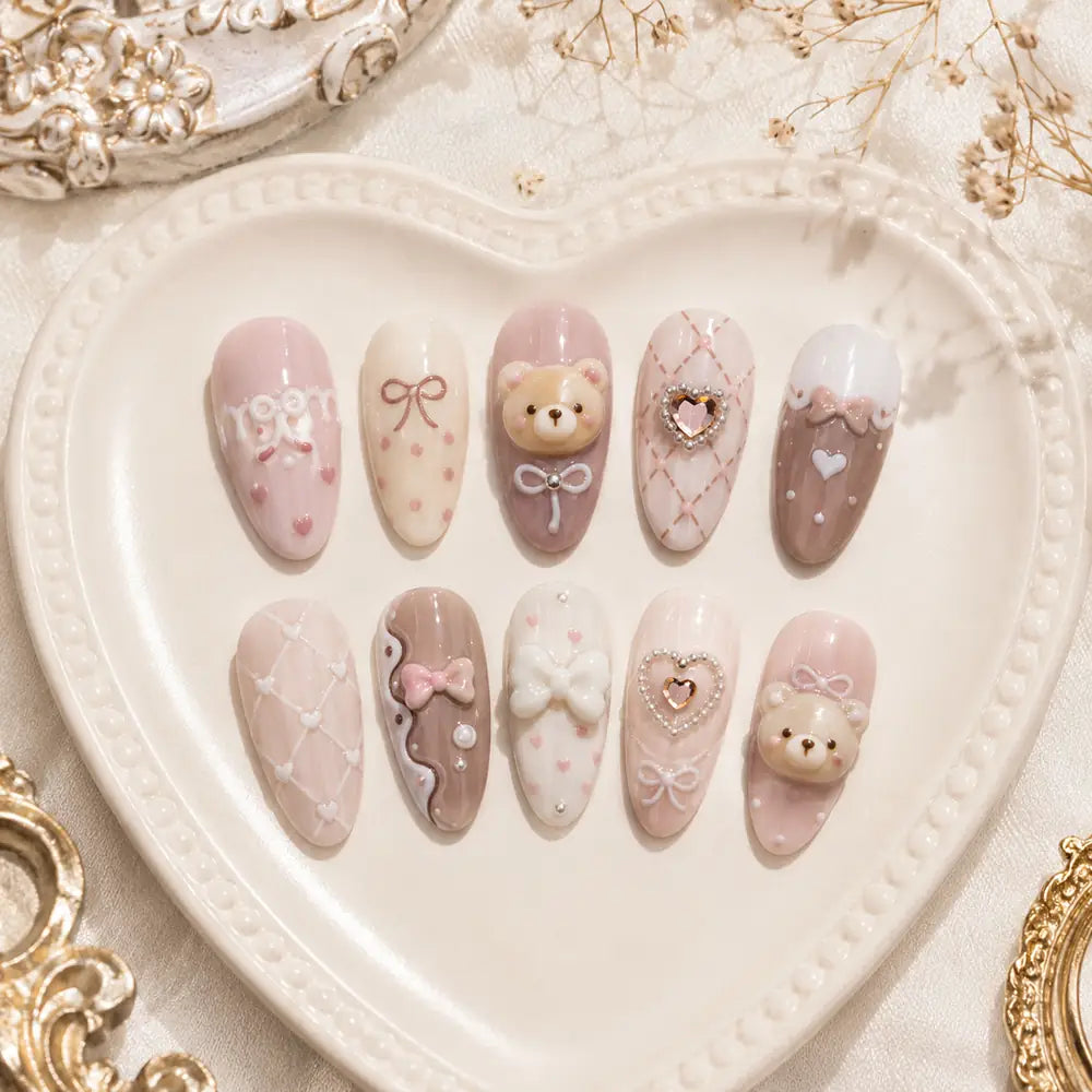 Pastel Teddy Bear Bow Heart 3D Press On Nails — image 2