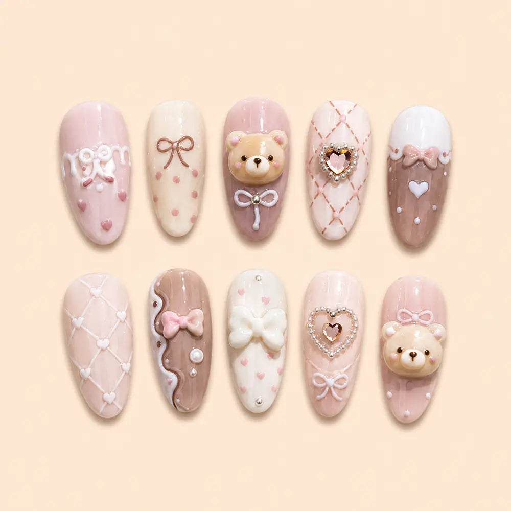 Pastel Teddy Bear Bow Heart 3D Press On Nails — image 1