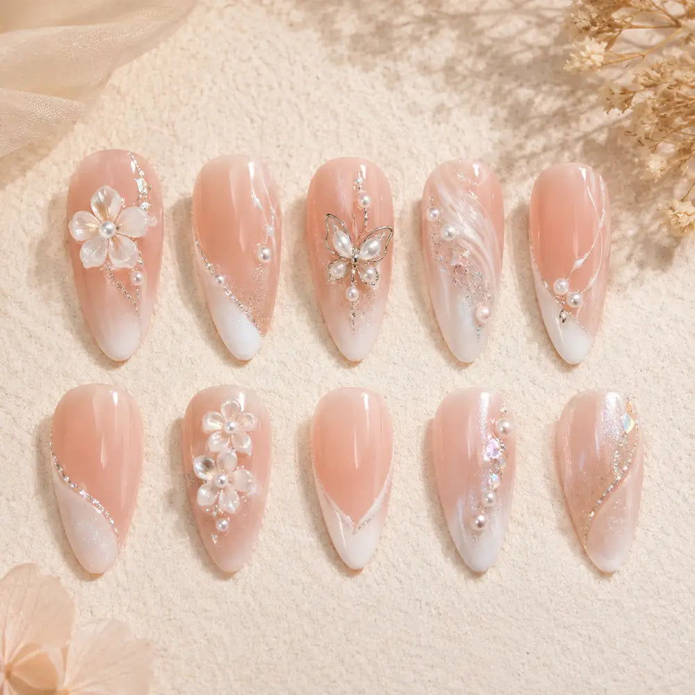 Pearl Blossom & Butterfly French Tip Press On Nails — image 2