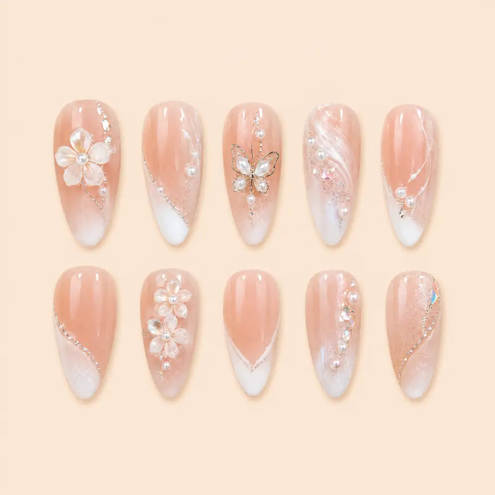 Pearl Blossom & Butterfly French Tip Press On Nails — image 1