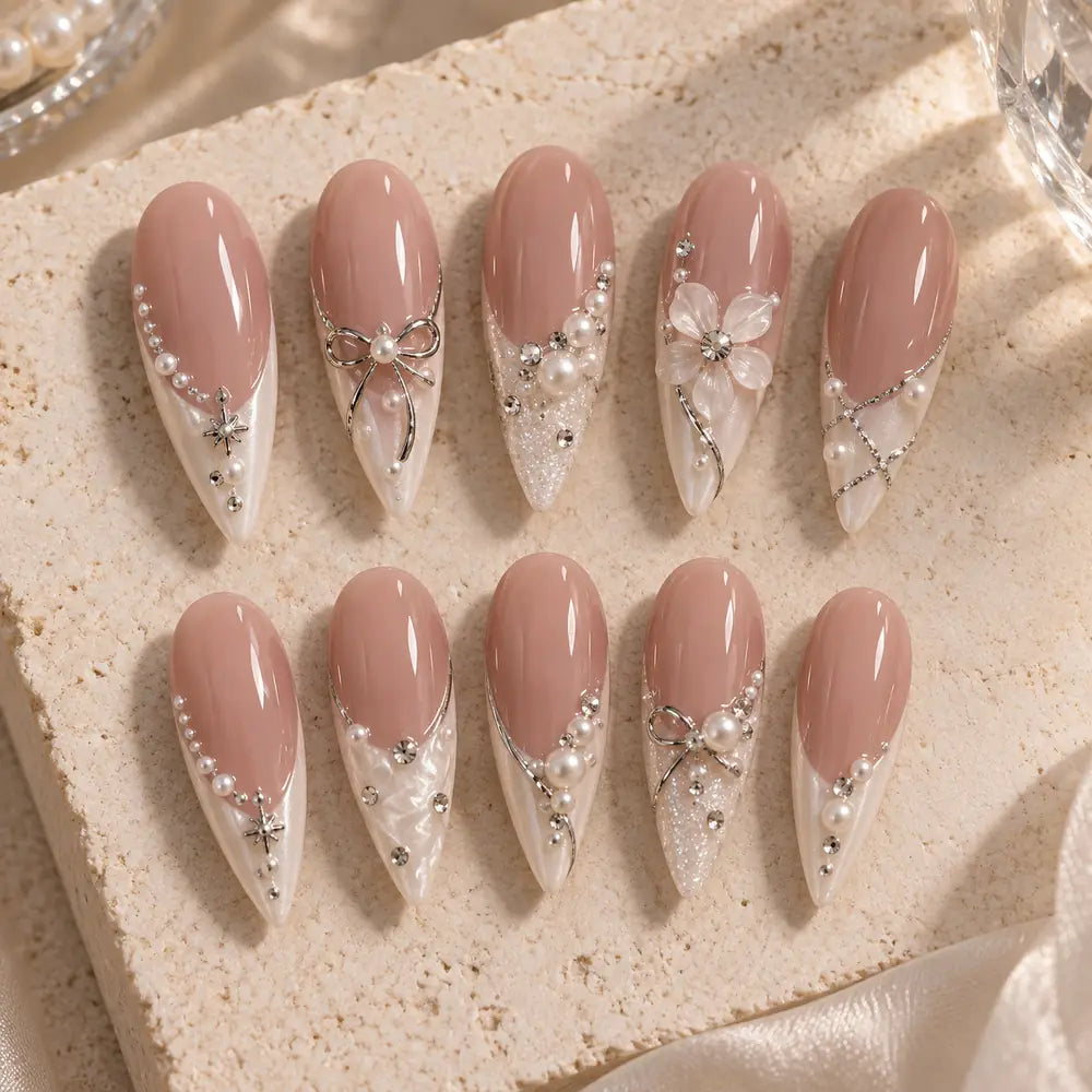 Pearl Bow & Flower French Tip Press On Nails — image 2