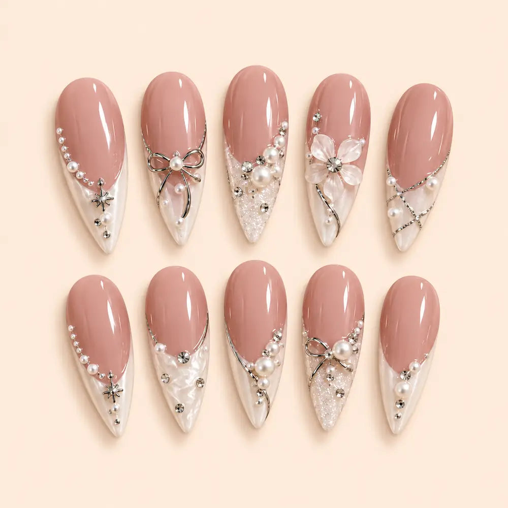 Pearl Bow & Flower French Tip Press On Nails — image 1