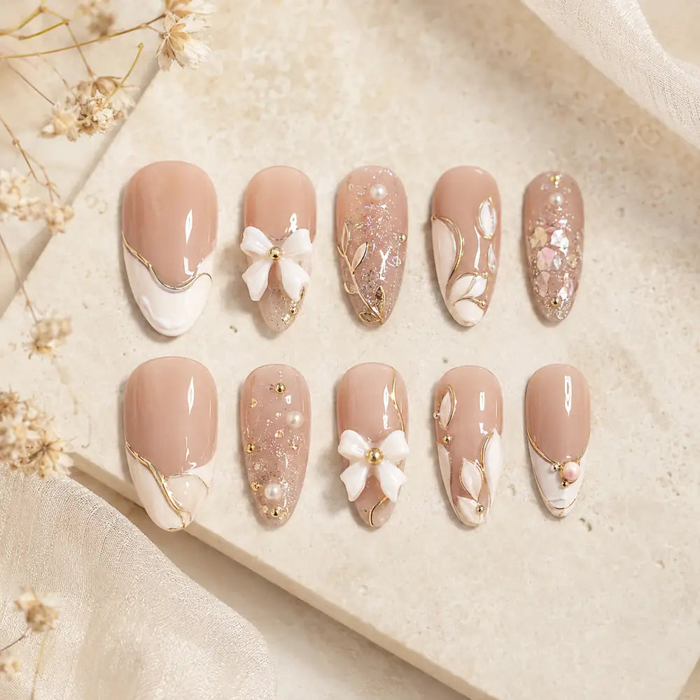 Pearl Bow Glitter Coquette Press On Nails — image 2