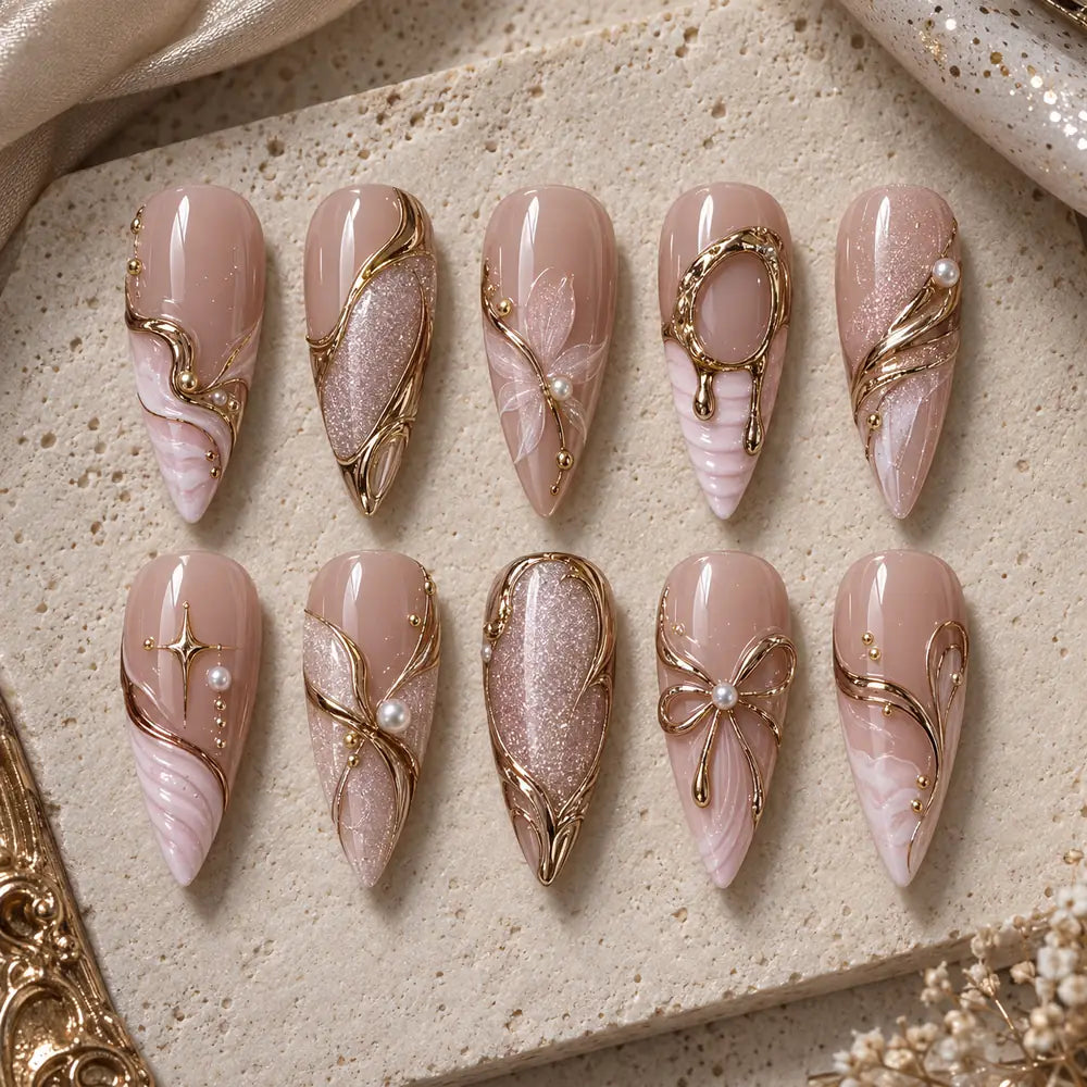 Pearl Bow Gold Swirl 3D Press On Nails — image 2