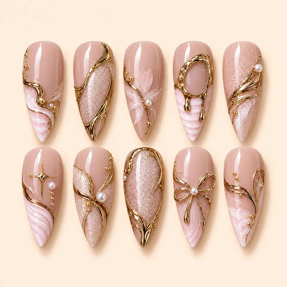 Pearl Bow Gold Swirl 3D Press On Nails — image 1