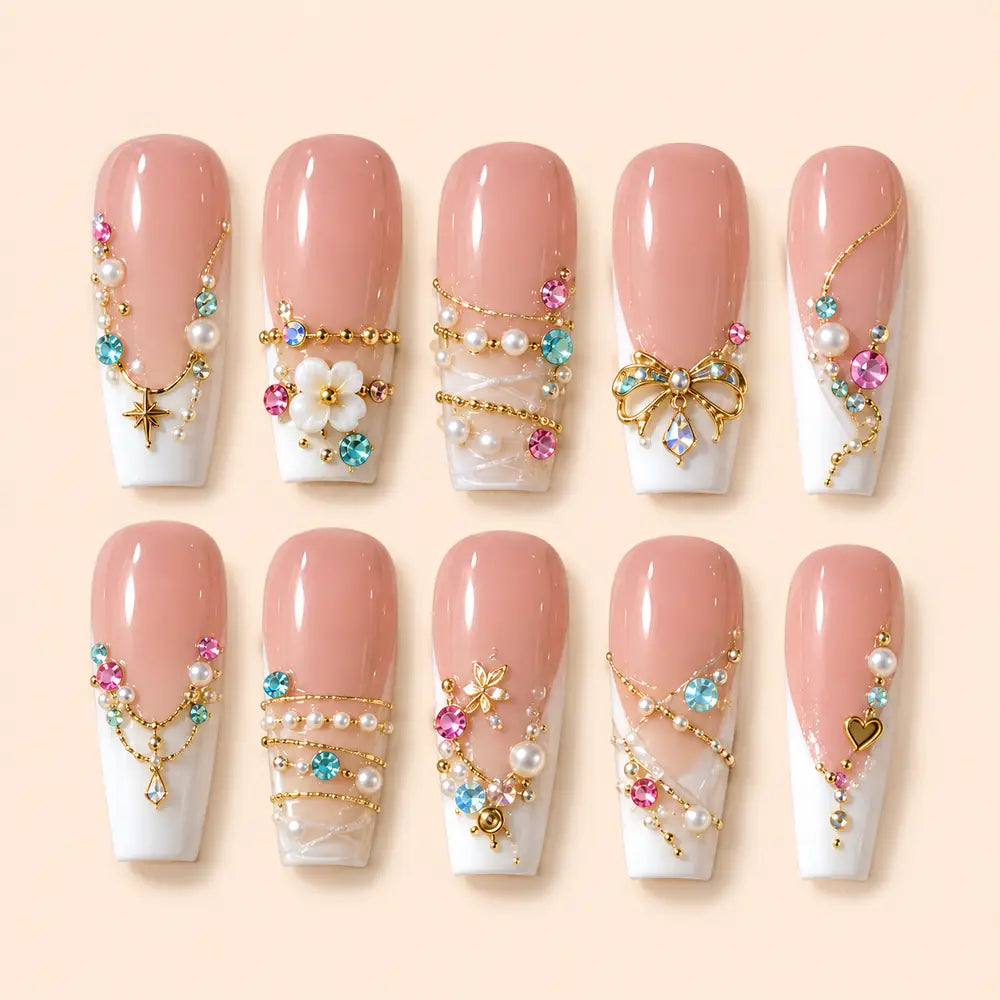 Pearl Bow Jewel French Tip Press On Nails — image 1