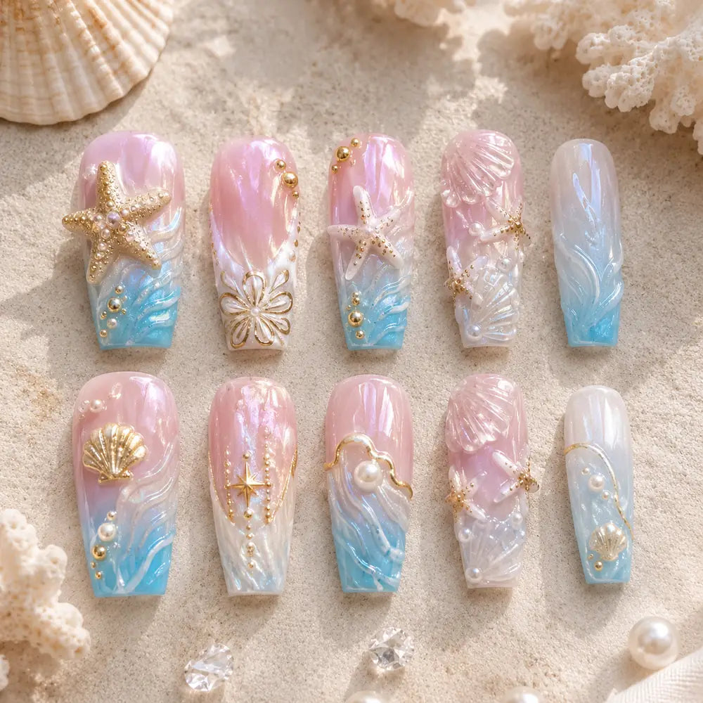 Pearl Tide Starfish & Shell 3D Press On Nails — image 2