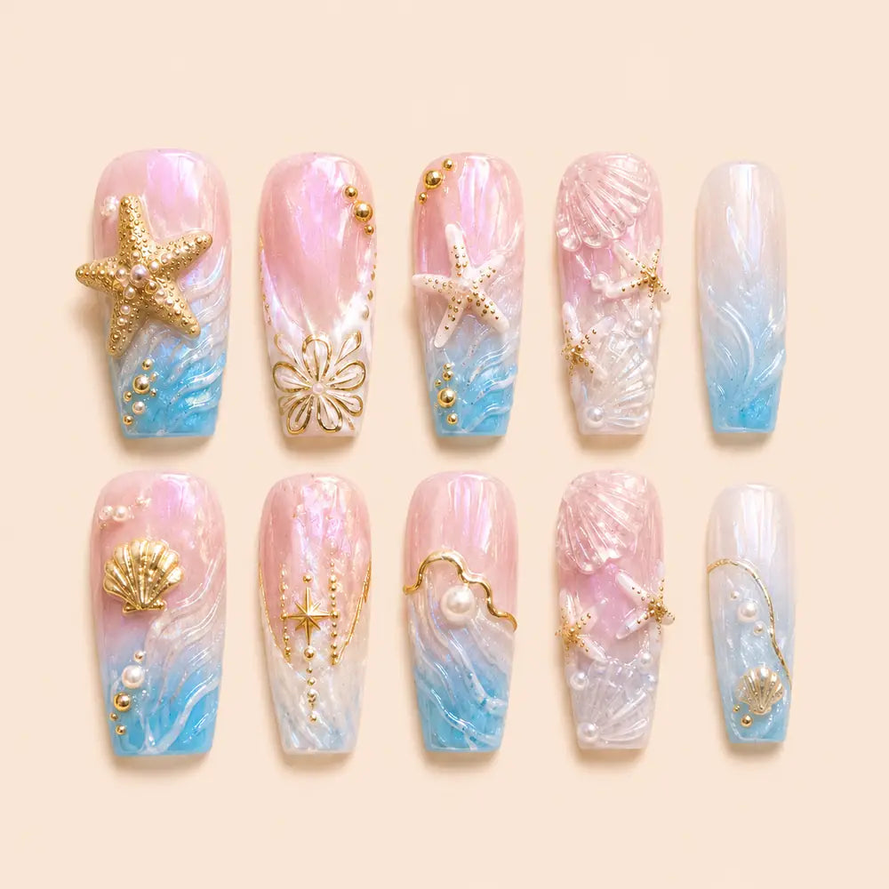 Pearl Tide Starfish & Shell 3D Press On Nails — image 1