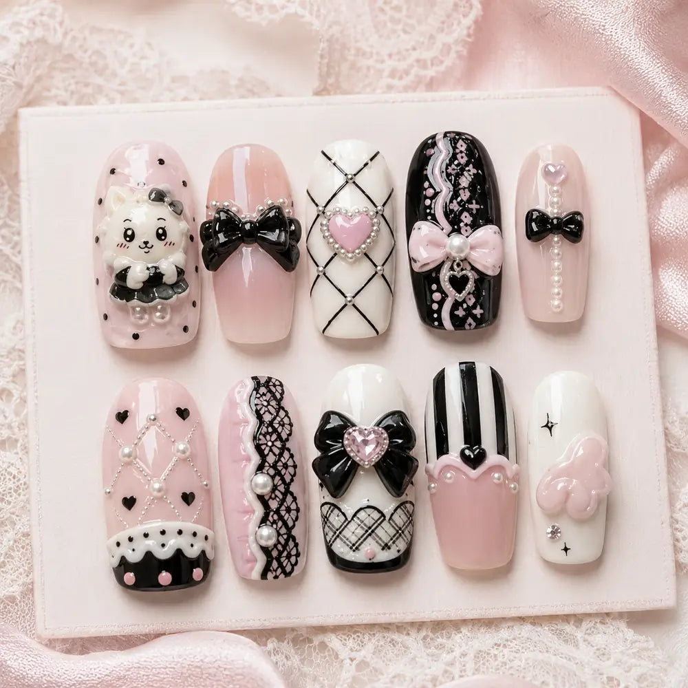 Pink Black Bow & Heart Coquette Press On Nails — image 2