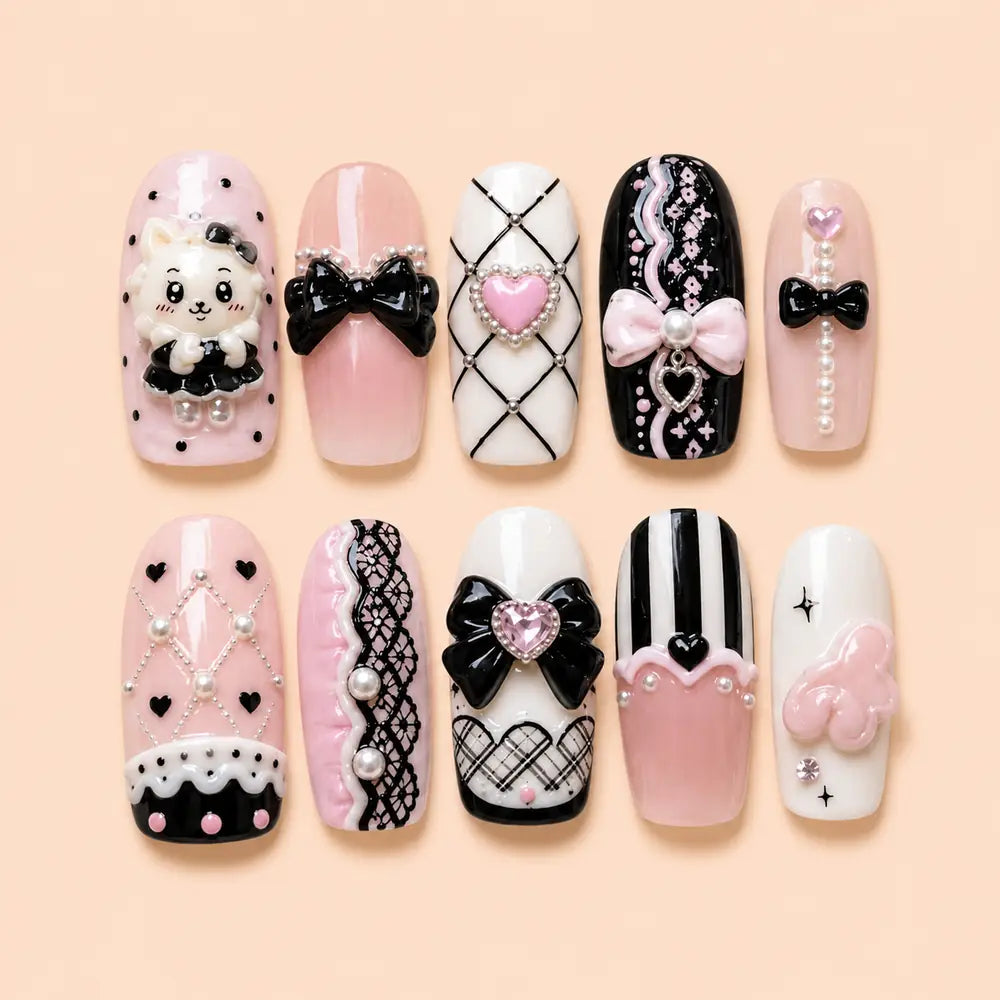 Pink Black Bow & Heart Coquette Press On Nails — image 1