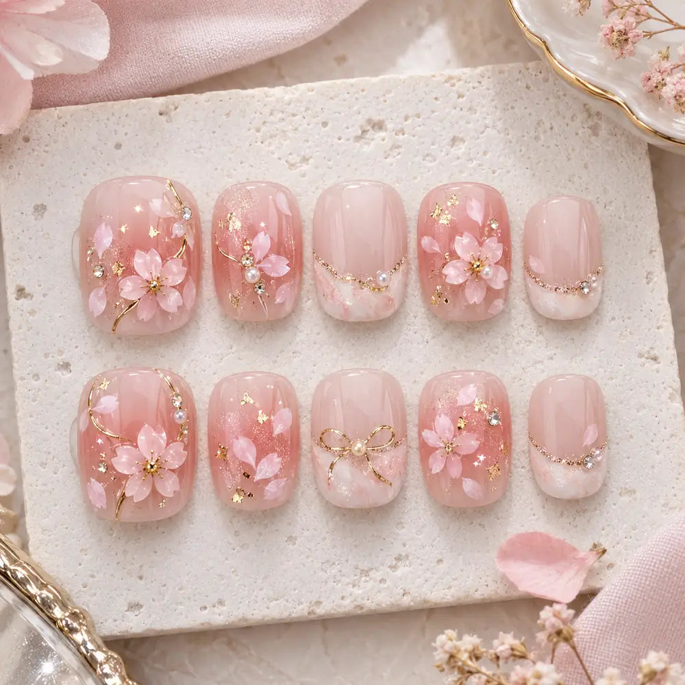 Pink Blossom Bow Rhinestone Press On Nails — image 2