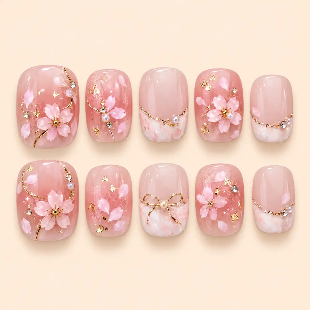 Pink Blossom Bow Rhinestone Press On Nails — image 1