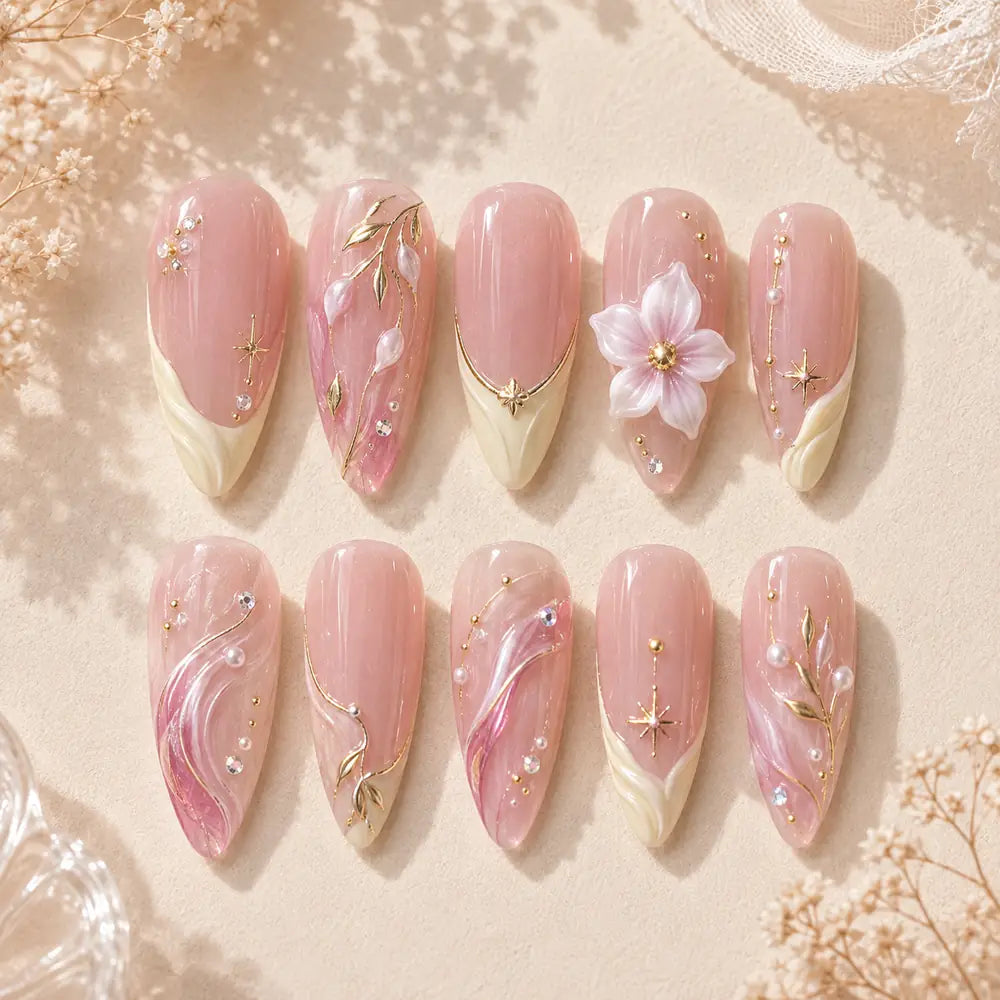 Pink Botanical Blossom 3D Rhinestone Press On Nails — image 2