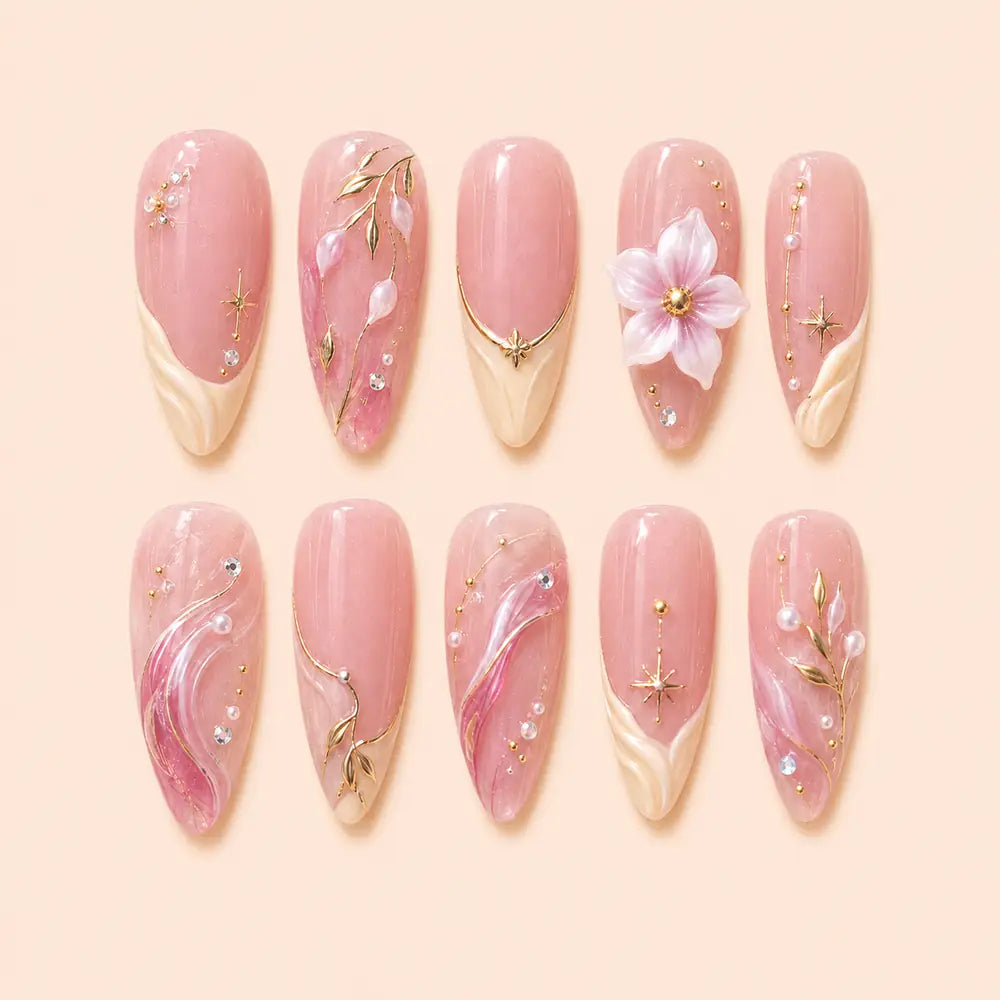 Pink Botanical Blossom 3D Rhinestone Press On Nails — image 1
