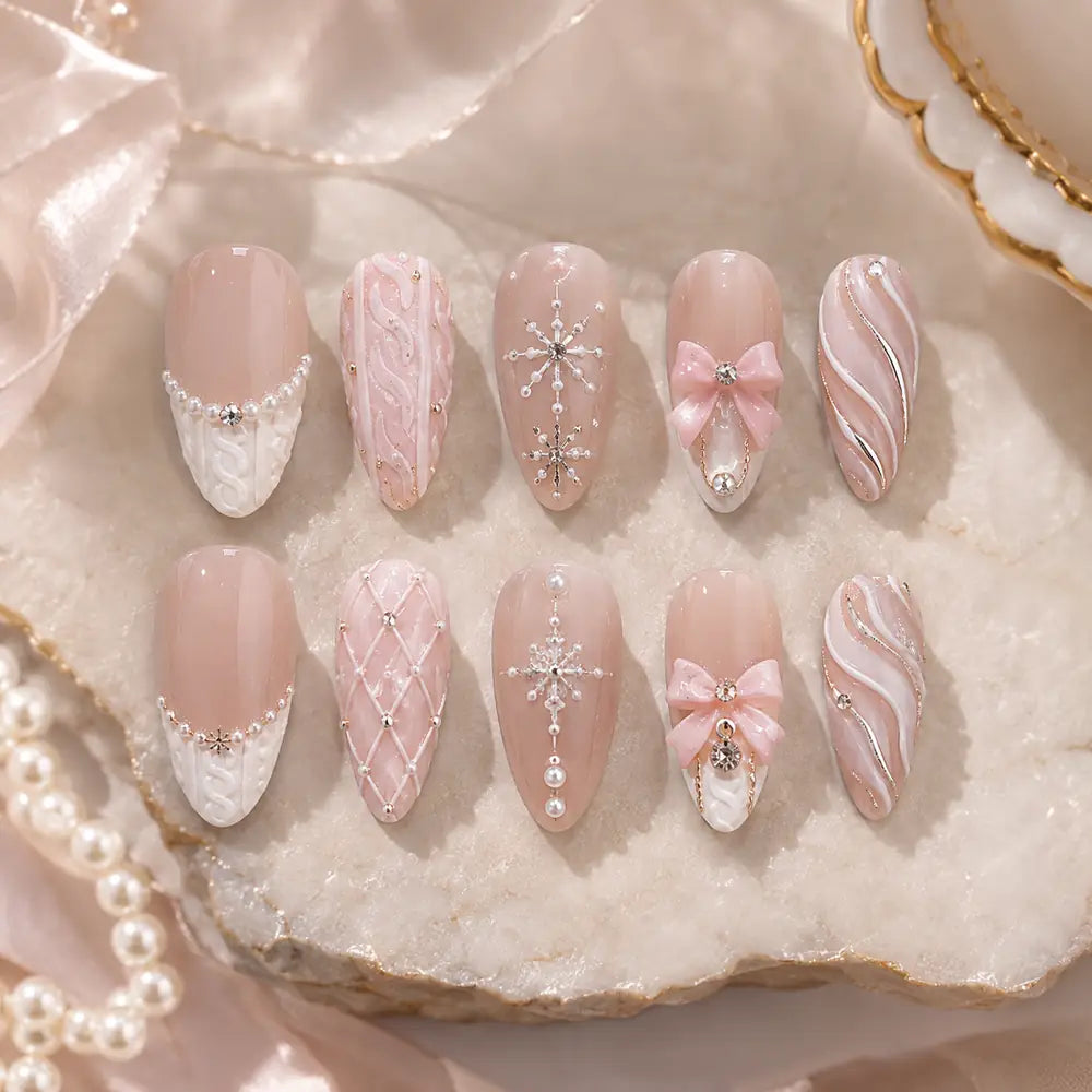 Pink Bow Snowflake 3D Press On Nails — image 2