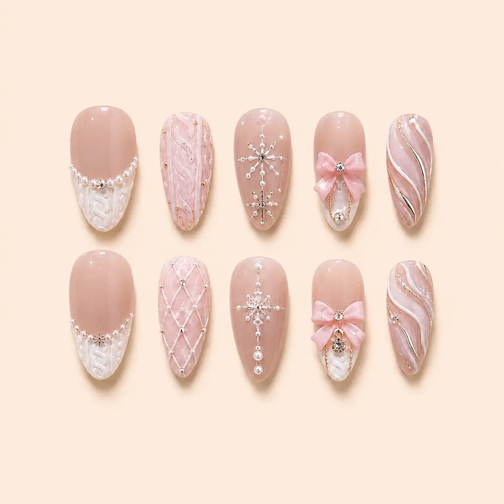Pink Bow Snowflake 3D Press On Nails — image 1