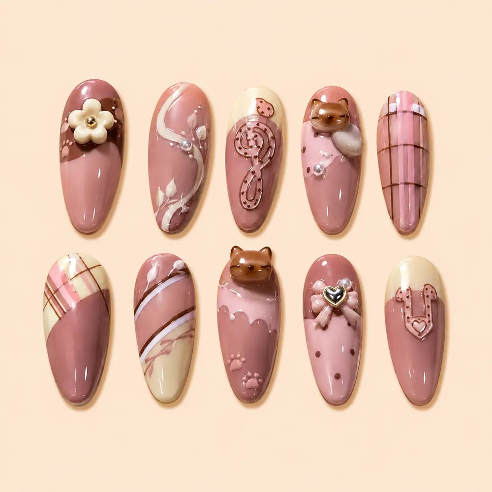 Pink Cat Bow Coquette 3D Press On Nails — image 1