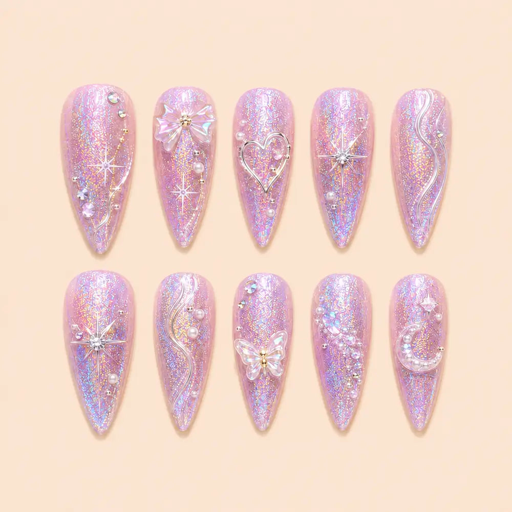 Pink Celestial Butterfly 3D Rhinestone Press On Nails — image 1