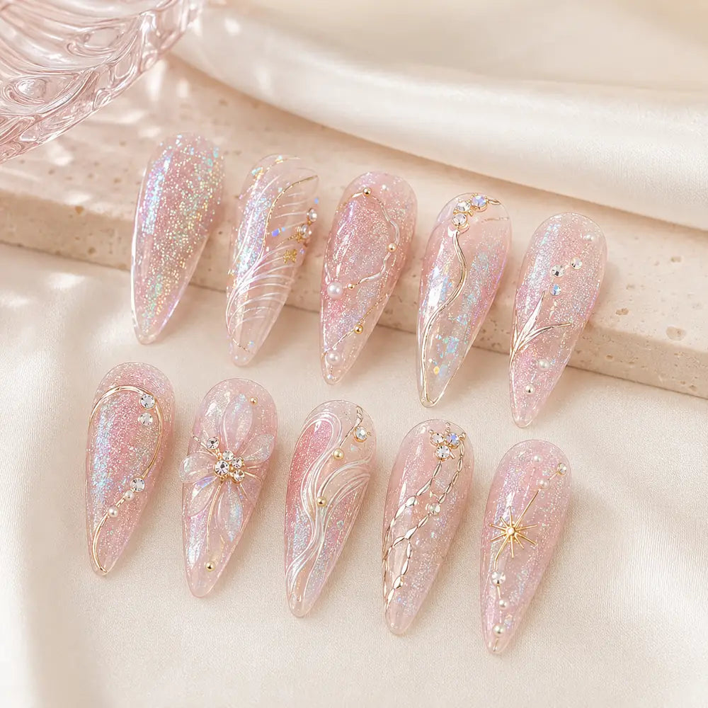 Pink Celestial Glitter Rhinestone Press On Nails — image 2