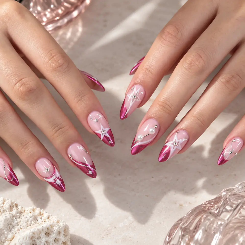 Pink Celestial Starburst French Tip Press On Nails — image 2
