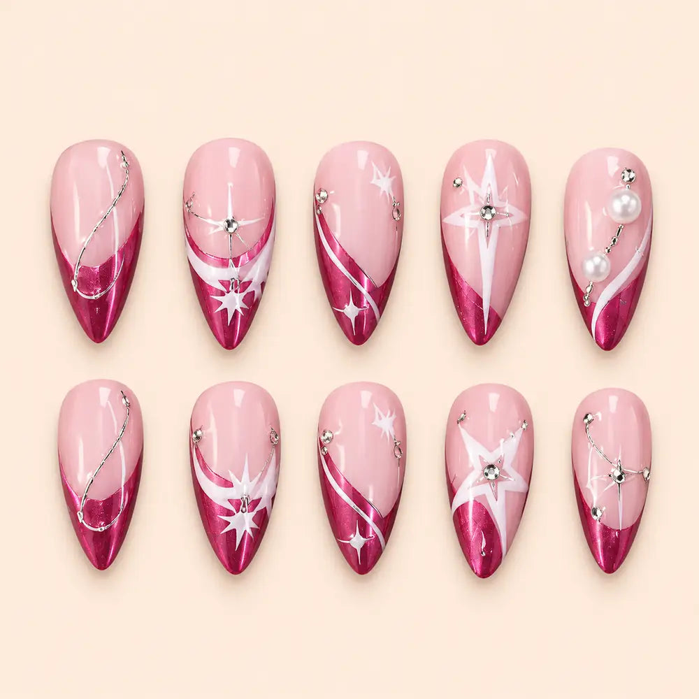 Pink Celestial Starburst French Tip Press On Nails — image 1