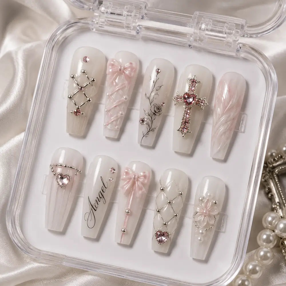 Pink Cross & Bow Rhinestone Press On Nails — image 2