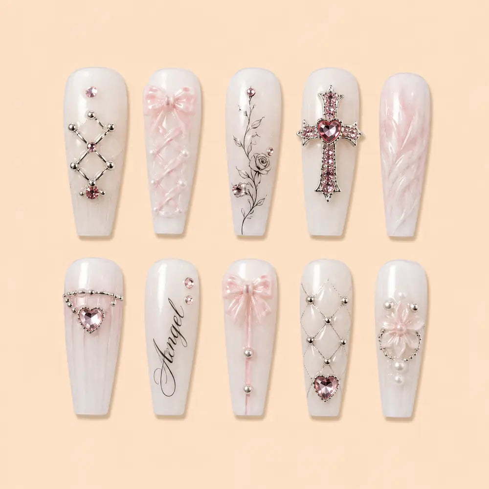 Pink Cross & Bow Rhinestone Press On Nails — image 1