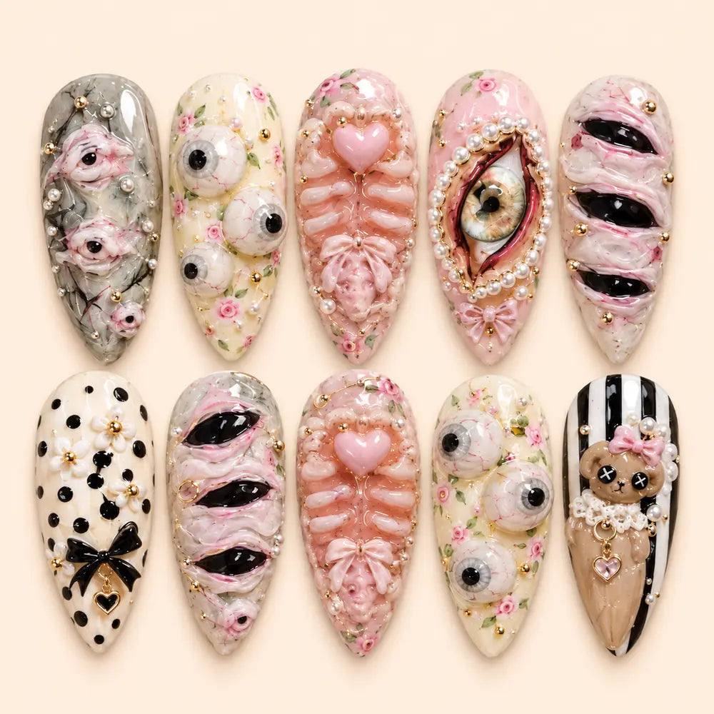 Pink Eyeball Ribcage 3D Press On Nails — image 1
