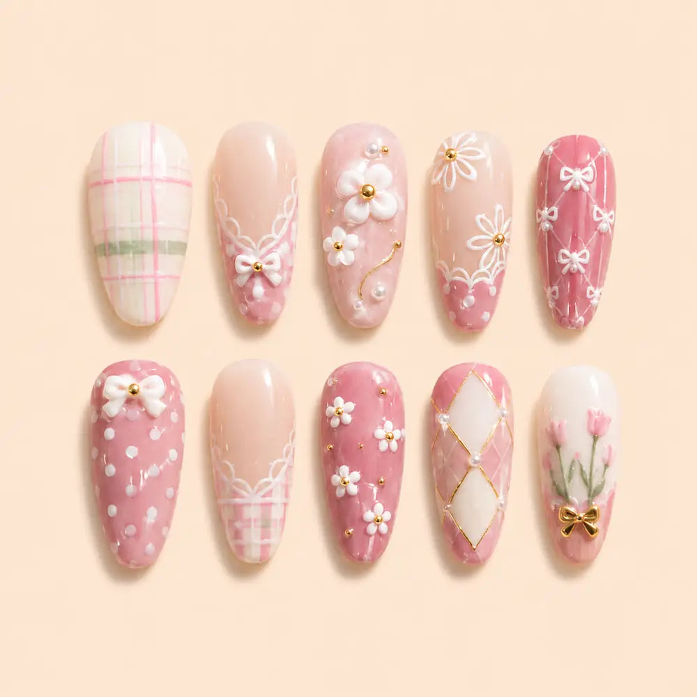Pink Floral Bow Coquette Press On Nails — image 1